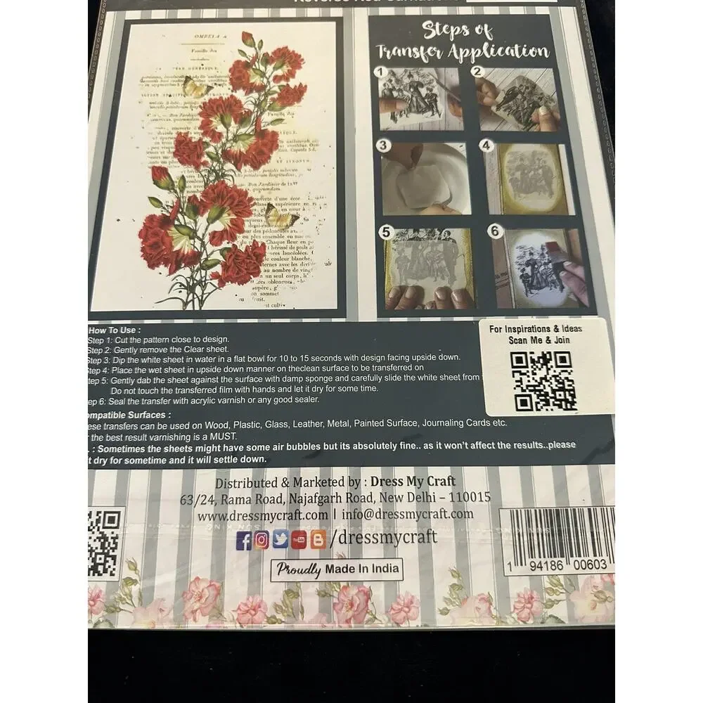 New Sealed Dress My Craft Transfer Me Reverse Red Carnations Dip In Water Script